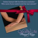 Gift Certificate ribbon around a picture of a therapist working on a client's back